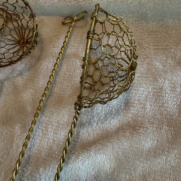 6 Vtg Gold Brass Metal Mesh Spoon Scoop Wire Oil Skimmer Strainer Fried Fondue - Picture 2 of 4